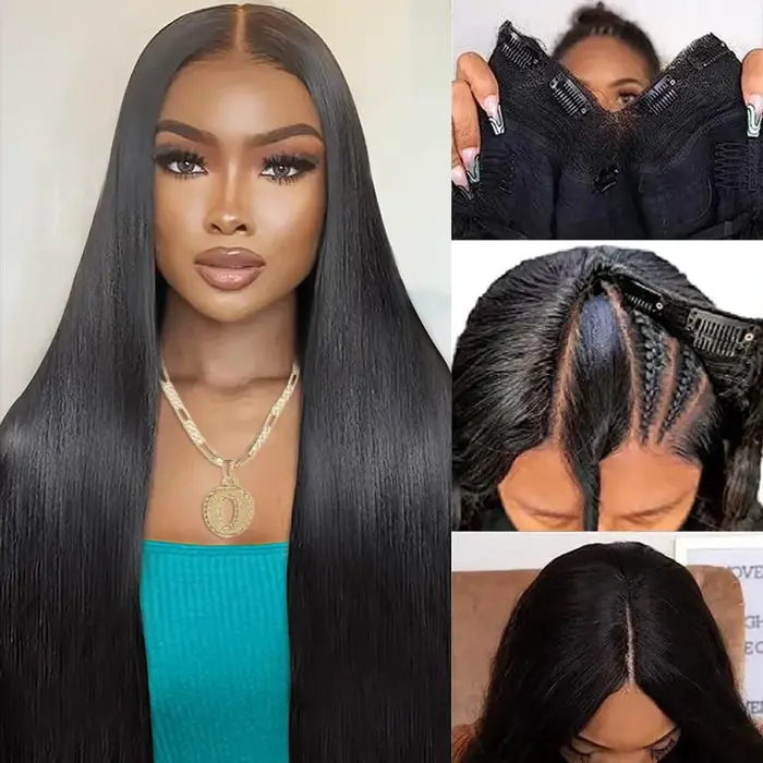Perruques en cheveux humains lisses en forme de V, sans couture, sans colle, densité 220, noir natur