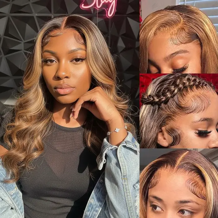 Perruque Lace Frontal Wig Body Wave brésilienne naturelle, cheveux humains à reflets colorés, 13x4,