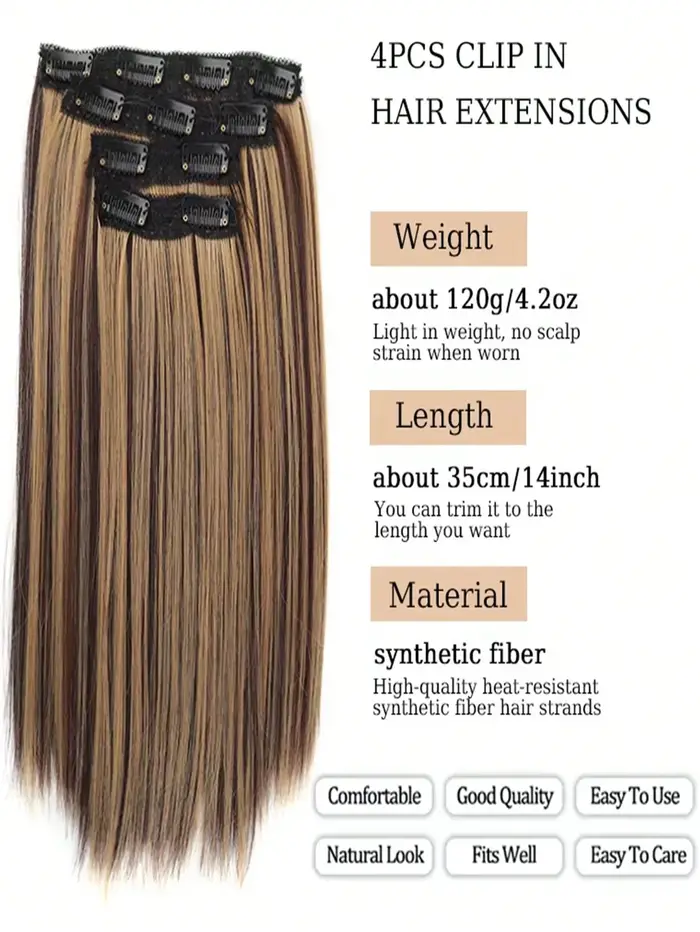Extensions de cheveux synthétiques longs et lisses de 14 pouces
