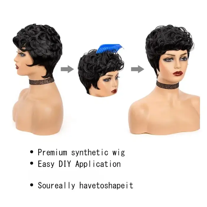 Perruque synthétique courte bouclée style Little Elf avec frange pour femme