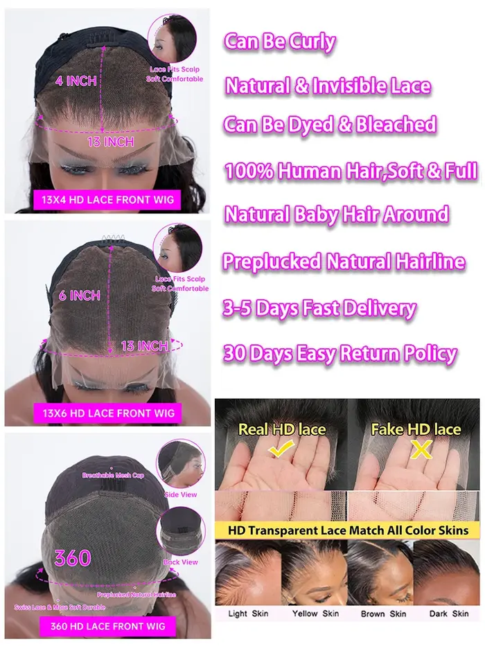 Perruque de cheveux humains Body Wave densité 200, Lace Front HD transparente 13x4, noire, avec Lace