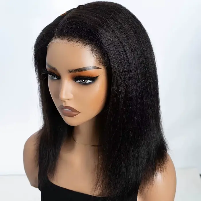 Perruque Lace Wig naturelle sans colle, cheveux crépus lisses, avec raie latérale, 14 pouces, naissa