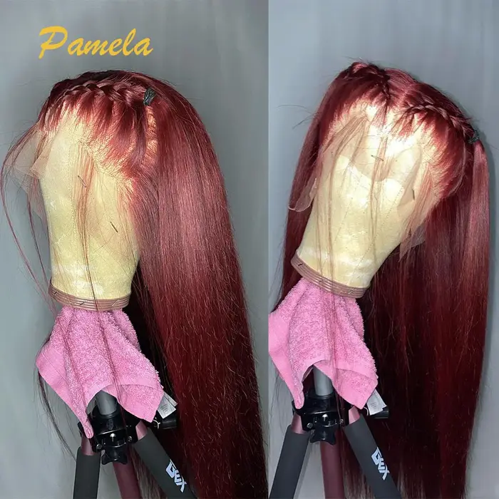 Perruque sans colle de couleur bordeaux Super Double tirage prête à porter 13x6 os droit Transparent 30 pouces avant de lacet perruques de cheveux humains
