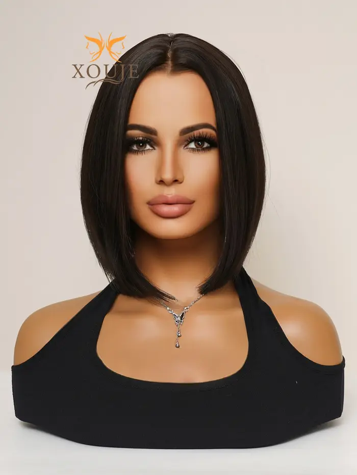 Perruque Synthétique Courte en Fibre Chimique pour Femme, Cheveux Bruns Noirs, Style Bob, Doux et Mi