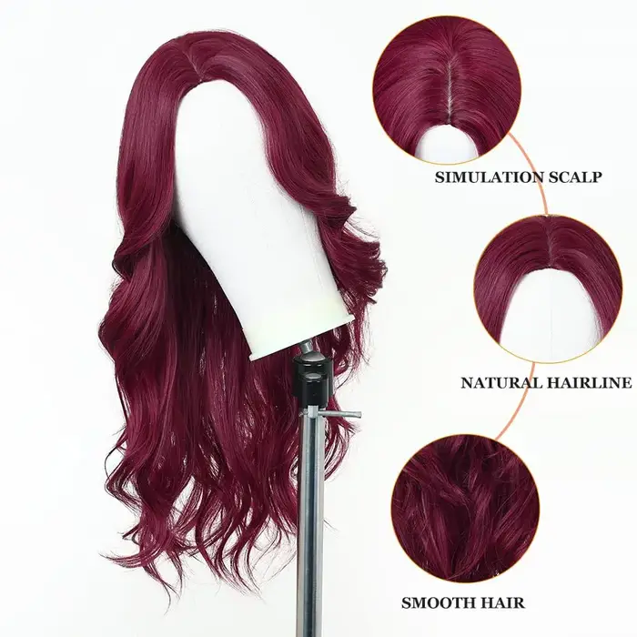 Perruque synthétique couleur vin rouge avec grandes boucles pour fête
