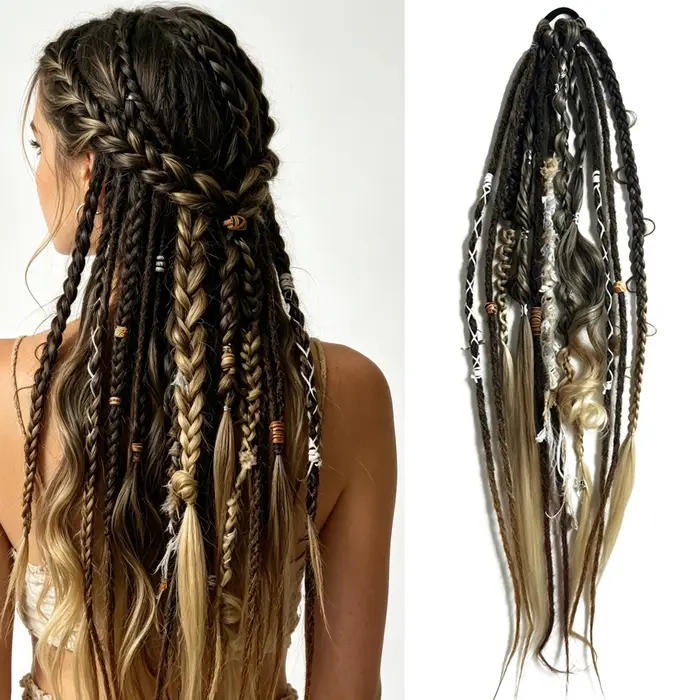 Queue de cheval ombrée synthétique tressée style bohème hippie avec perles en bois et décorations à pompons pour femme