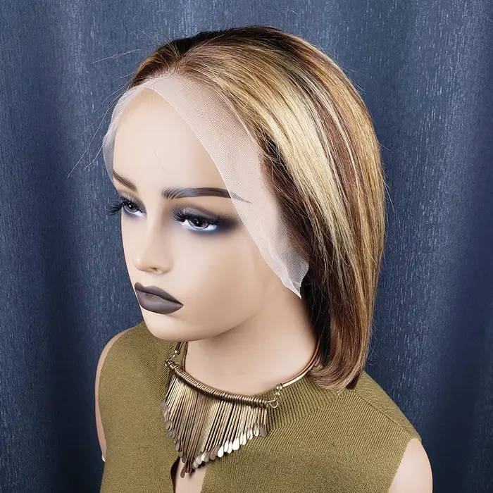 Perruque Bob Lace Front Wig naturelle à reflets blond chocolat, cheveux courts et lisses, coupe Pixi