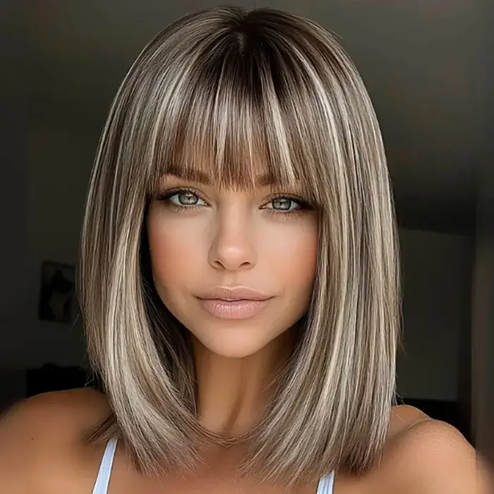 Perruque courte coupe Bob marron mélangée à reflets avec frange droite (fibre synthétique) – Parfait