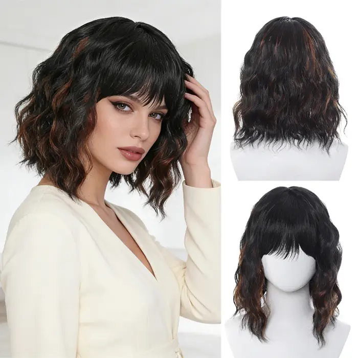 Perruque courte bouclée noire naturelle pour femmes - Bob ondulé longueur épaule avec frange | Cheveux synthétiques