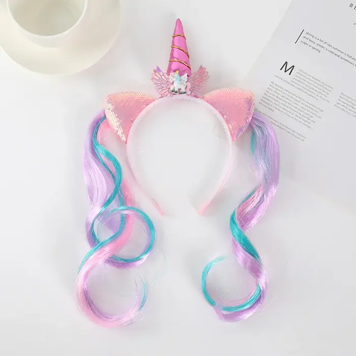 Perruque colorée licorne bandeau arc-en-ciel cheval Double queue