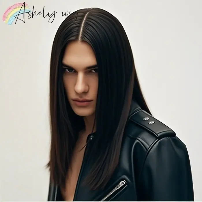 Perruque synthétique longue et lisse noire pour hommes