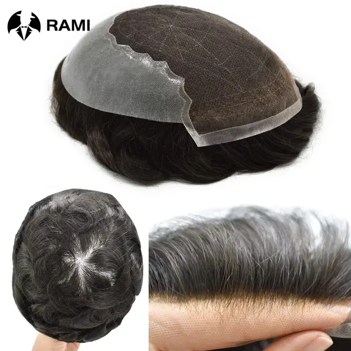 Toupet pour hommes, cheveux humains Q6 | Postiche hybride à base en dentelle + PU