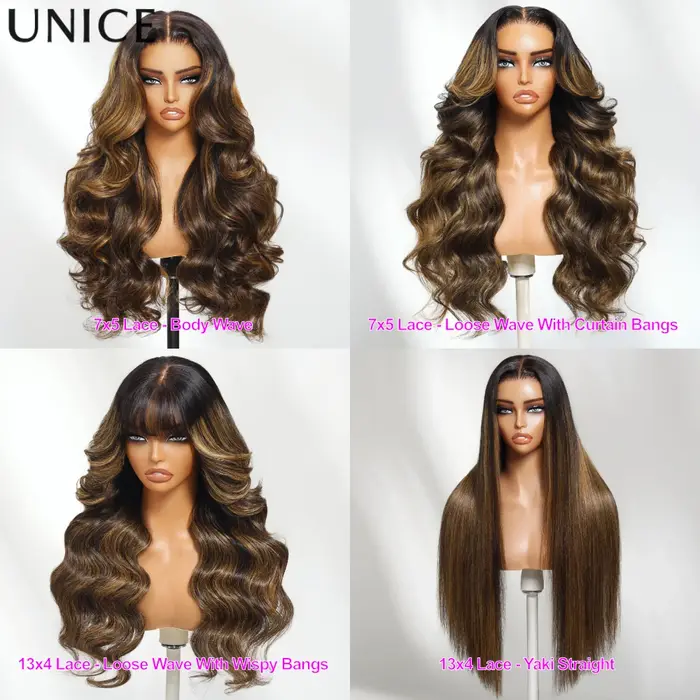 UNice cheveux Balayage met en évidence moelleux vague lâche rideau frange perruque avec cordon sans