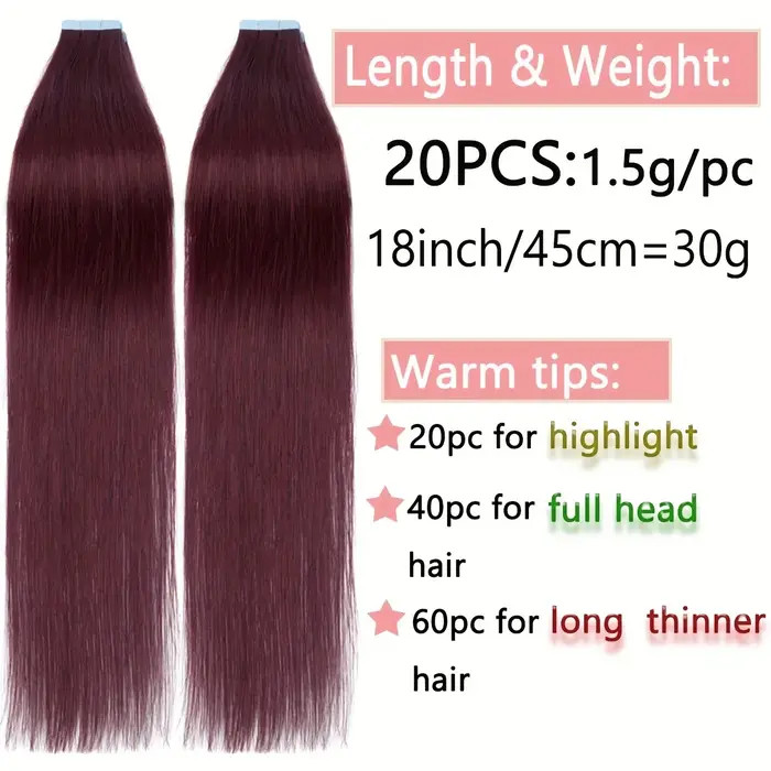 Extension de cheveux à bande Remy rouge vin, colle Double face 12-22 pouces, 20 pièces/paquet pour Extensions de cheveux fins