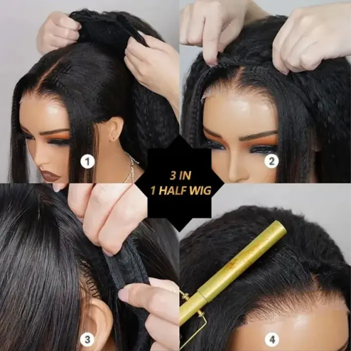 Demi-perruque 3 en 1 en cheveux humains avec cordon de serrage