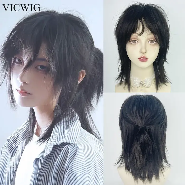 VICWIG – perruque synthétique courte et lisse avec queue de loup naturelle pour hommes et femmes