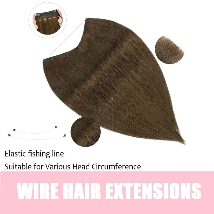 Extensions de cheveux 100% naturels, type fil de pêche, avec bande ajustable et clips discrets, extensions Remy pour femmes, couleur brun chocolat