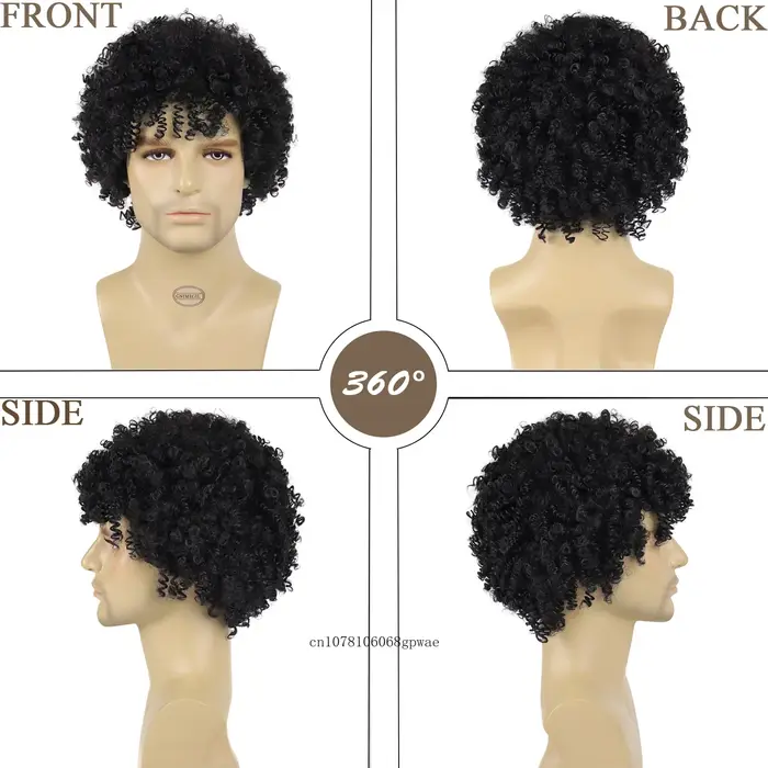 Perruques synthétiques bouclées rebondissantes noires naturelles pour hommes