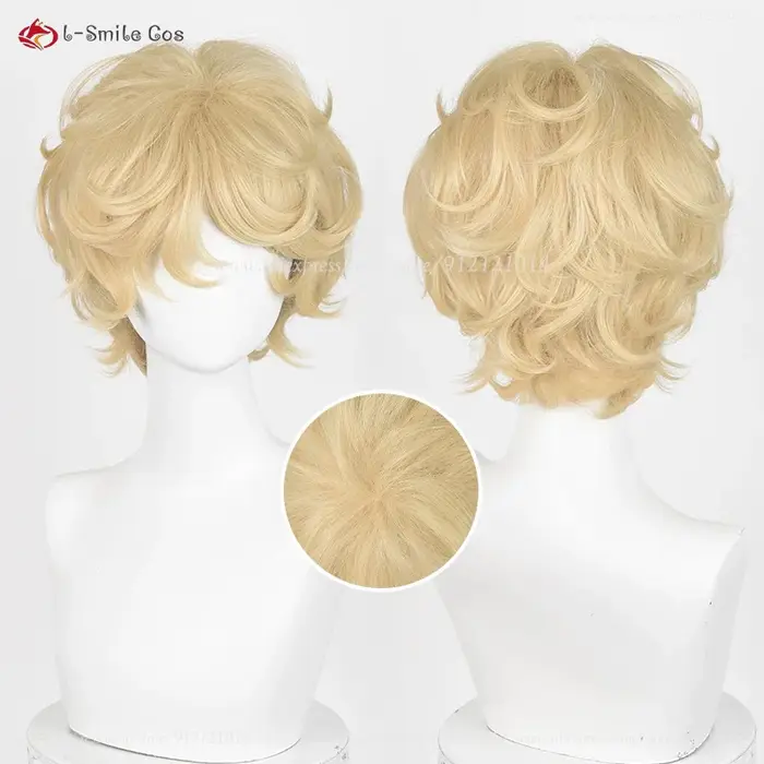 Perruque de cosplay Vanila Vanilla, 30 cm, jaune doré, courte et bouclée, pour cosplay d'anime, chev