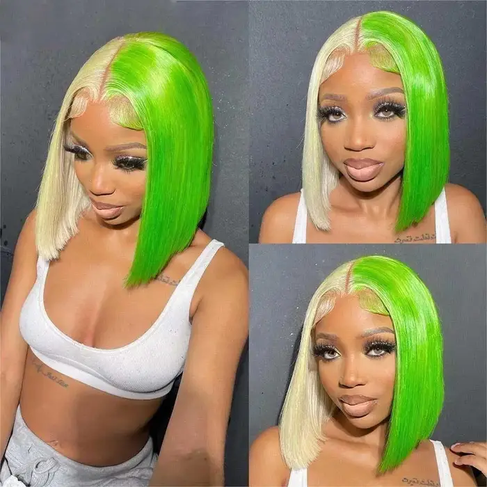 Perruque Bob Lace Front Wig 613 naturelle lisse, cheveux humains, coupe au carré, mi-vert, moitié blonde, 13x4, HD, 180%