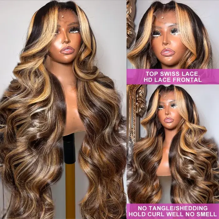 Perruque en cheveux humains avec dentelle frontale 13x6, blonde ombrée brune, vague corporelle, dens