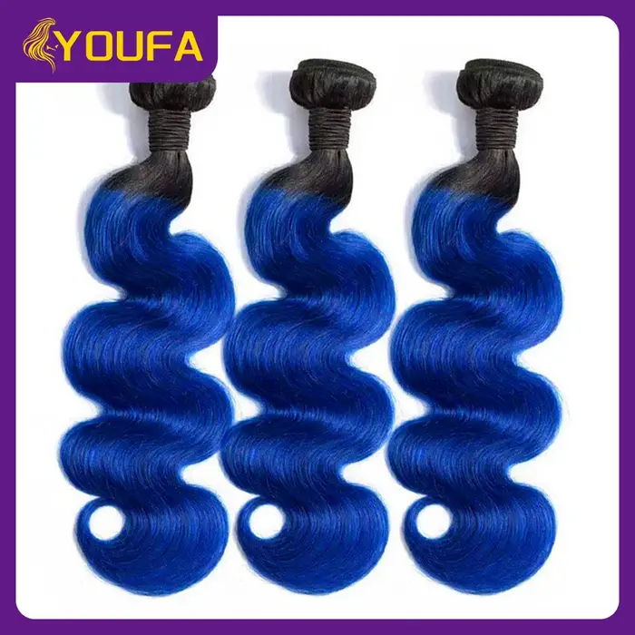 1B bleu vague de corps cheveux humains armure paquets 10-28 pouces 3/4 pièces Lot Ombre bleu foncé c
