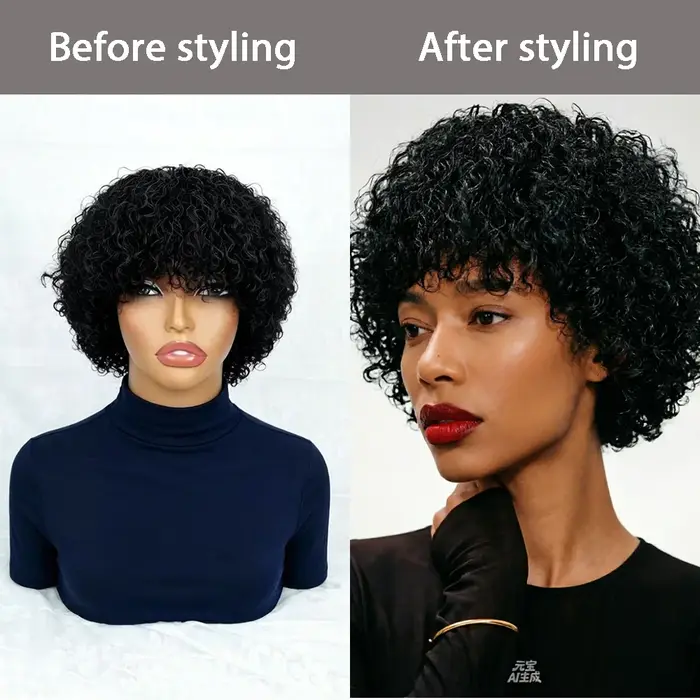 Perruque en cheveux humains noirs bouclés crépus avec frange, densité 180%, fabriquée à la machine, bonnet respirant, aspect naturel pour femmes, usage quotidien décontracté
