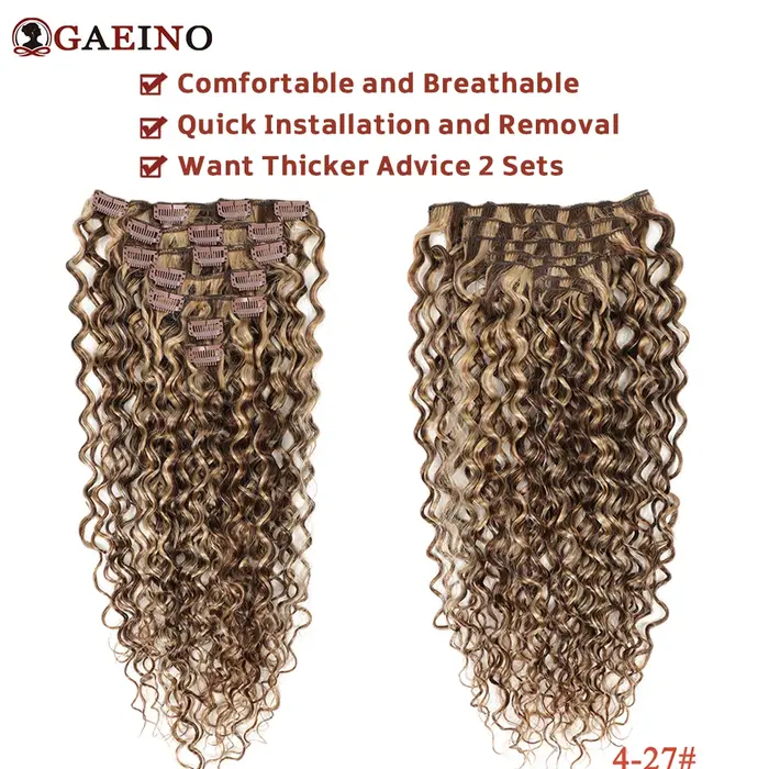 Extensions de cheveux bouclés à clipser, vagues d'eau, châtaigne agaçante, reflets blonds bronzés, 7 pièces par ensemble