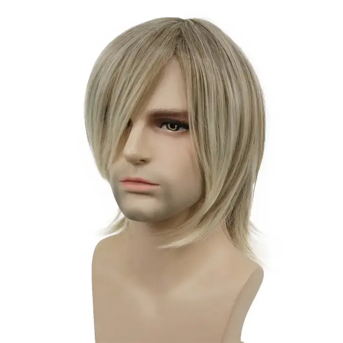Perruque synthétique pour homme, perruque mi-longue dorée à raie latérale pour hommes européens et a