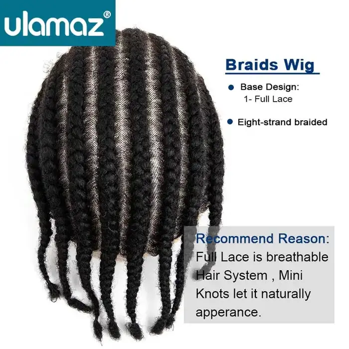 Cornrow tresses pleine dentelle hommes perruque 8 brins tresse toupet cheveux humains français