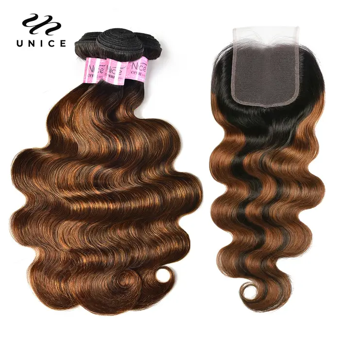 UNICE Hair-Mèches naturelles Body Wave, cheveux bruns, balayage, avec closure, partie libre, lace cl
