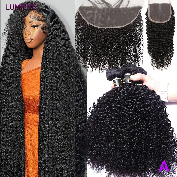 Afro profond crépus bouclés cheveux humains 3/4 Bundle avec fermeture frontale en dentelle transpare