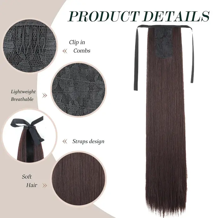 Extension de cheveux queue de cheval longue et droite avec attaches pour femmes, perruque synthétique résistante à la chaleur facile à clipser