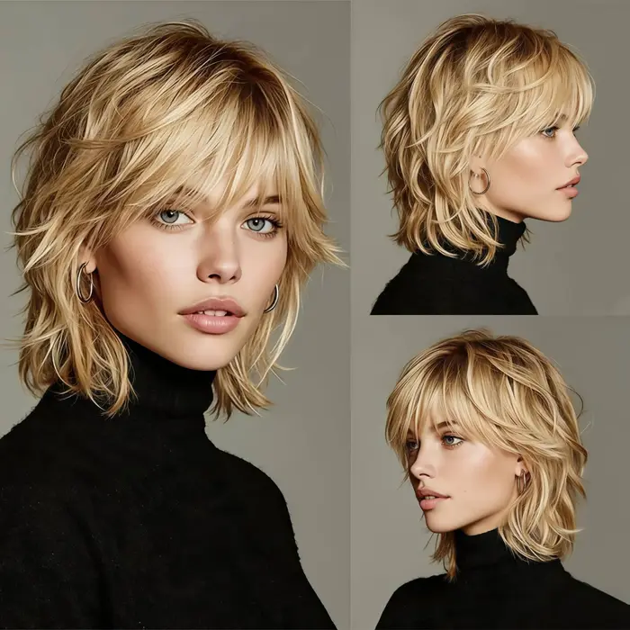 Perruque synthétique longue coupe pixie | Cheveux raides blonds miel à couches avec frange