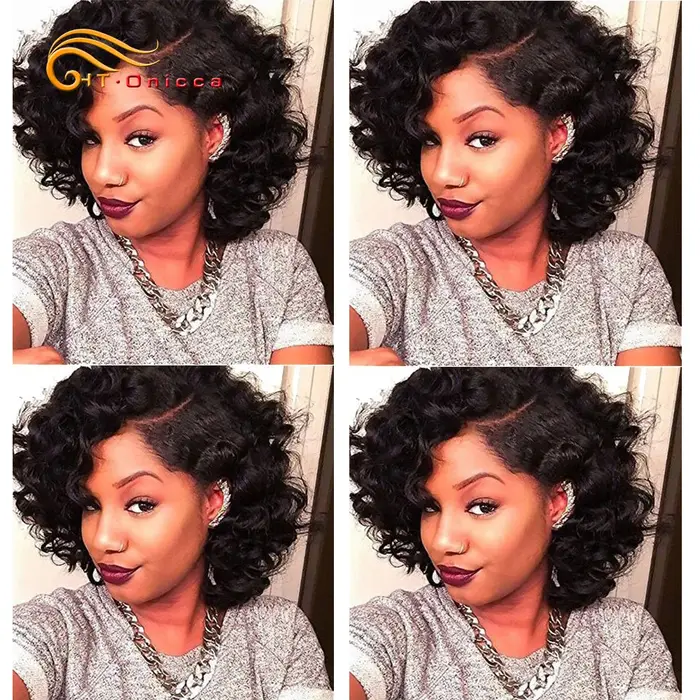 Htonicca-Extensions de Cheveux Brésiliens Naturels Courts Bouclés