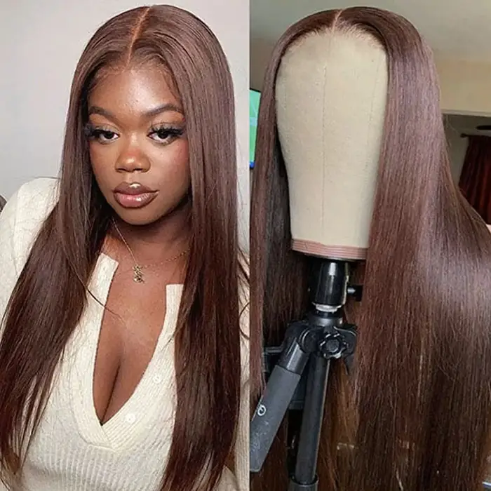ISEE Hair # Perruque droite marron chocolat 4 Wear And Go, 7x5, en dentelle transparente, sans colle