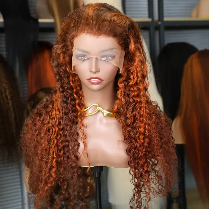 Vague d'eau 4/350 mettre en évidence 13x6 HD dentelle frontale perruque cheveux humains brun gingemb