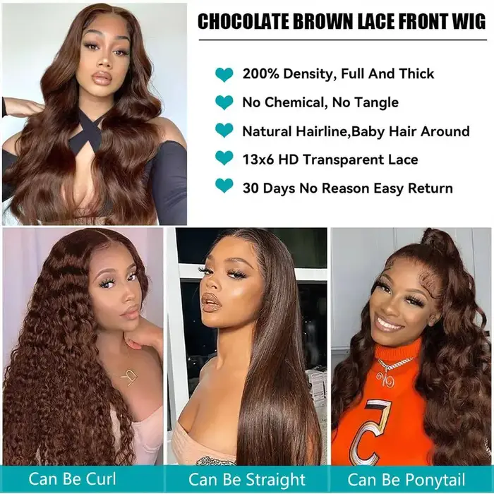 Perruque Lace Frontal Wig péruvienne Body Wave brun chocolat, cheveux naturels, 13x4, 13x6, HD, nais