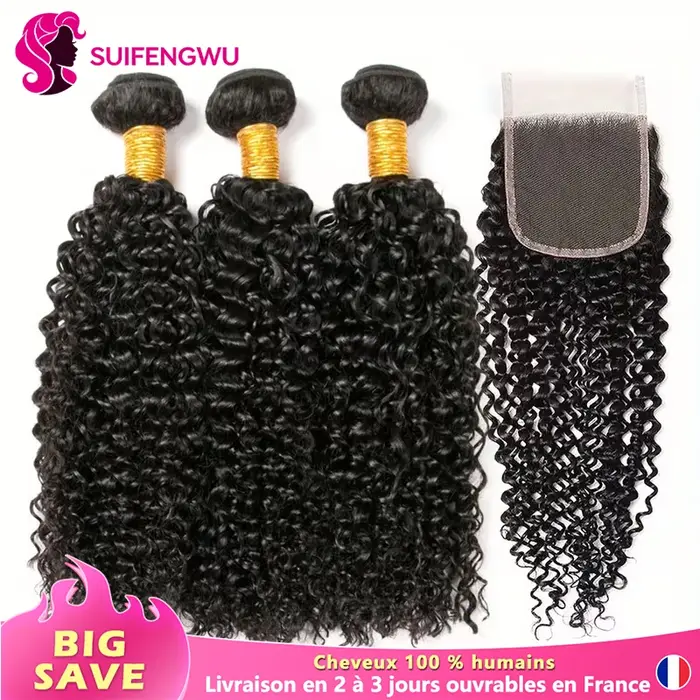 14A Kinky Curly Tissage Cheveux Humains Avec Fermeture 4X4 HD Closure Human Hair meche Tissages brés