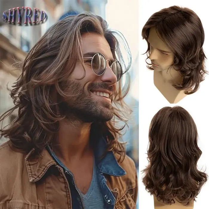 Perruque synthétique longue bouclée ondulée brune pour hommes