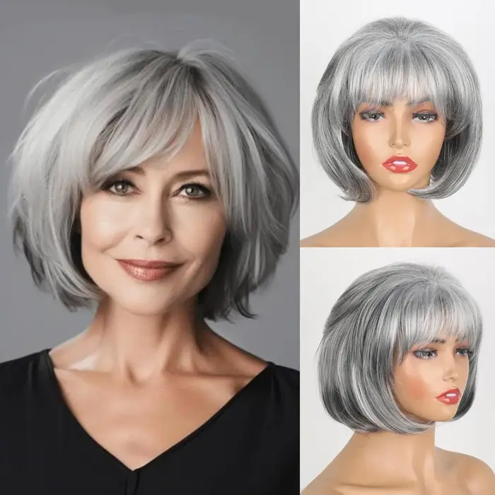 Perruque synthétique pour femmes européennes et américaines, cheveux courts bouclés gris, bonnet en 