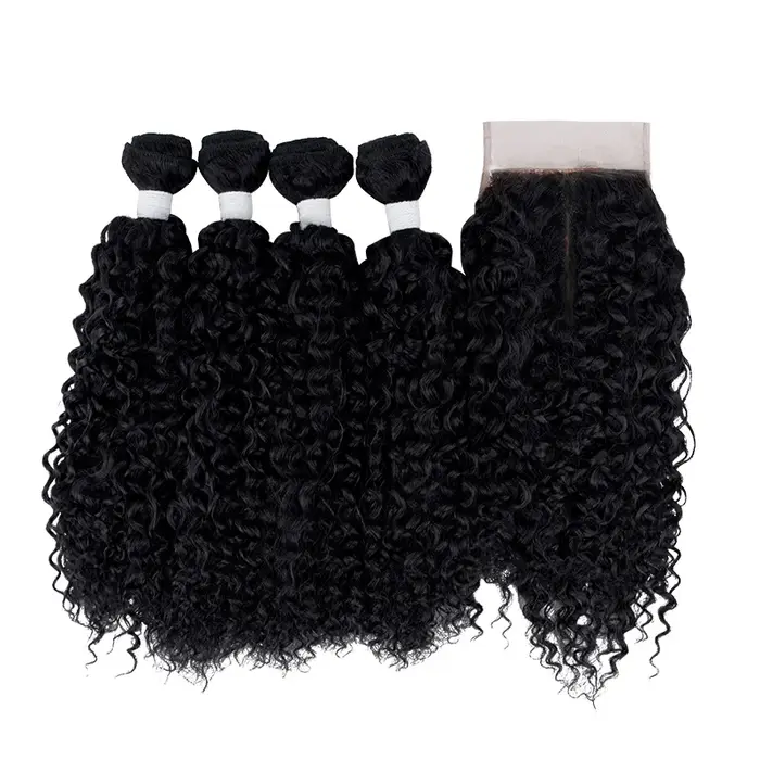 Lot de 4 mèches de cheveux synthétiques bouclés crépus avec closure 4x4, ensemble d'extensions de ch