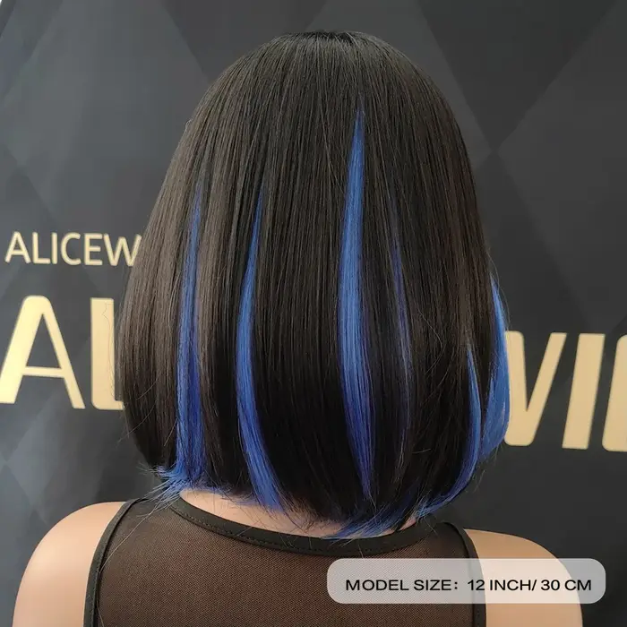 2025 Nouvelle perruque bleue, perruque Bob synthétique bleue mixte noire