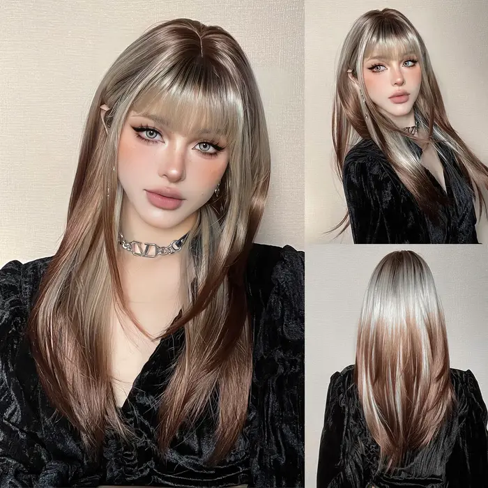 GEMMA-Perruque Synthétique Longue Droite Violet Foncé avec Frange, Perruques de Cheveux Lolita pour