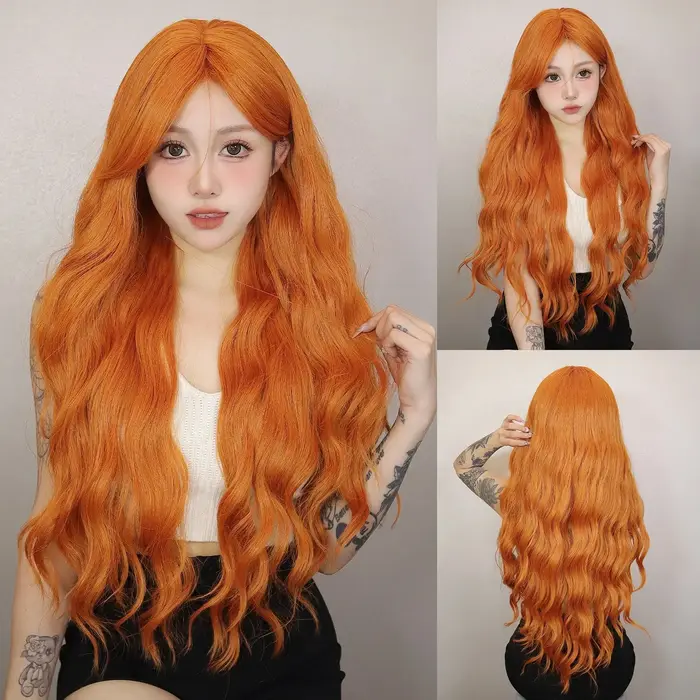 Perruque Synthétique Longue Ondulée Orange pour Femme