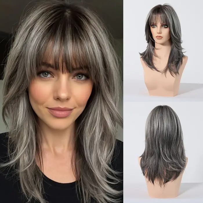 Perruque synthétique tendance avec des cheveux ondulés mi-longs dans un style au niveau du menton