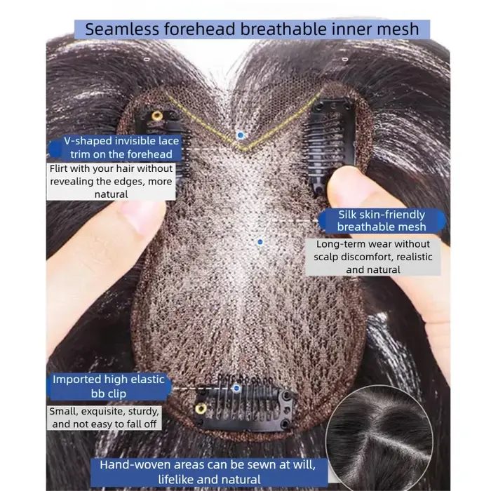 100% vrais cheveux humains Topper pour femmes 8x11 cm Invisible dentelle Toppers avec 3D frange Clips dans les postiches pour Volume couverture chauve