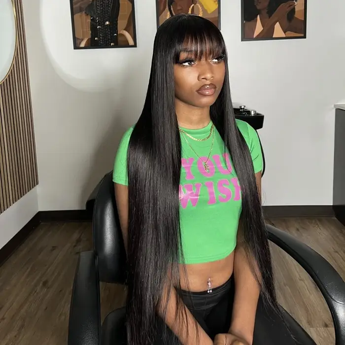 Perruques en cheveux humains lisses avec frange, perruque noire 1b, pas de dentelle, couleur naturel
