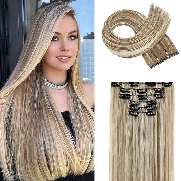 Extensions de cheveux synthétiques noirs 24 "/60cm 140g 6 pièces/ensemble femmes longue ligne droite pleine tête pince 16 Clips Ombre fibre résistante à la chaleur