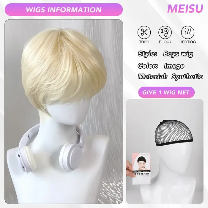MEISU 10 pouces frange droite perruque Cool Boy fibre synthétique couches cheveux résistant à la cha